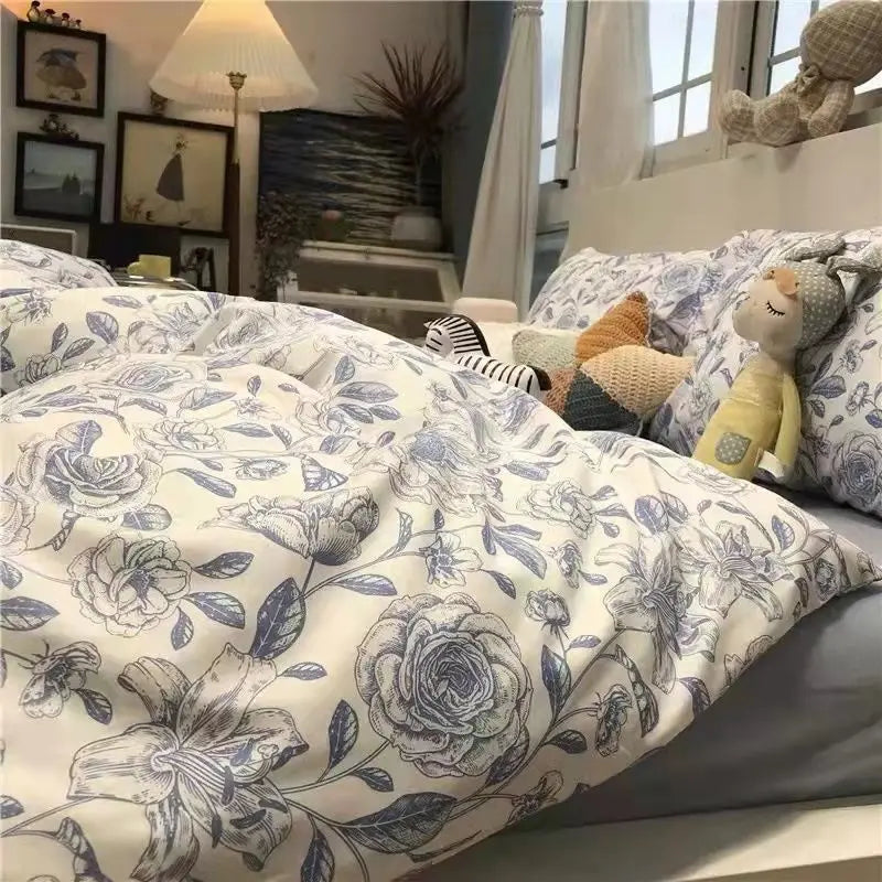 Fashion Duvet Cover Set Korean Ins Style New Flat Sheet Pillowcase No Filler Kids Adult Bedding Kit Twin Queen Bed Linen