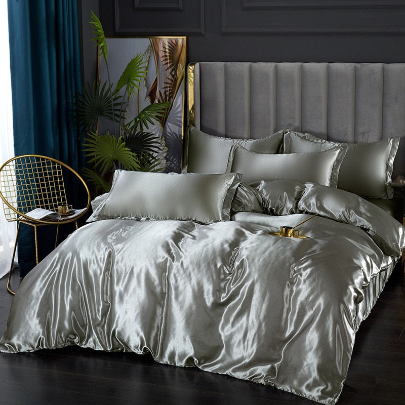 Silk Bedding Set with Duvet Cover Bed Sheet Pillowcase Luxury Satin Bedsheet Solid Color King Queen Full Twin Size