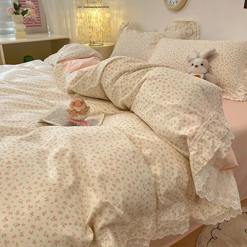 Korean Princess Style Flowers Lace Ruffles 100% Cotton Bedding Set Duvet Cover Bed Sheet/Fitted Sheet/Bed Skirt Pillowcases 4Pcs