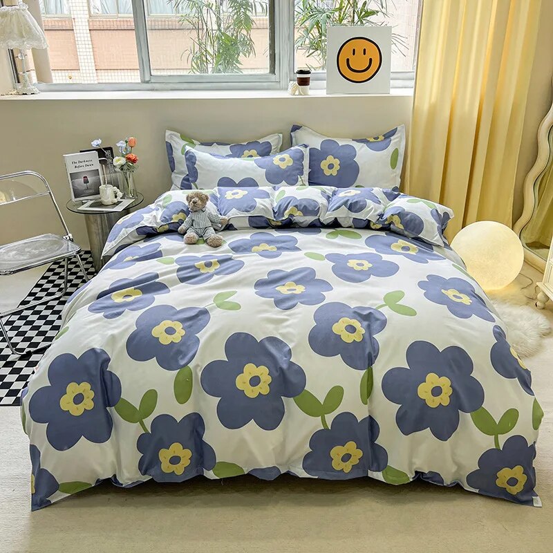 Floral Printed Duvet Cover Set with Sheet Pillowcases Warm Cute Cartoon Bed Linen Full Queen Size Home Gift Bedding Set