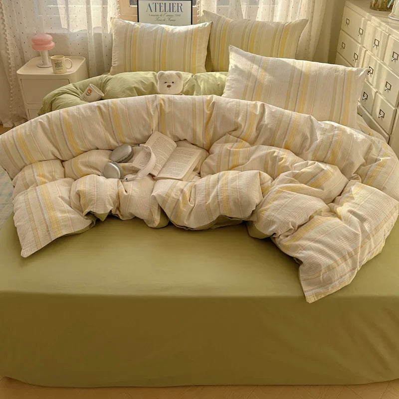 Striped Bedding Set INS Nordic Girls Soft 100% Cotton Bed Sheet Queen King Size Duvet Set Comforter Set Pillowcase Bed Linens