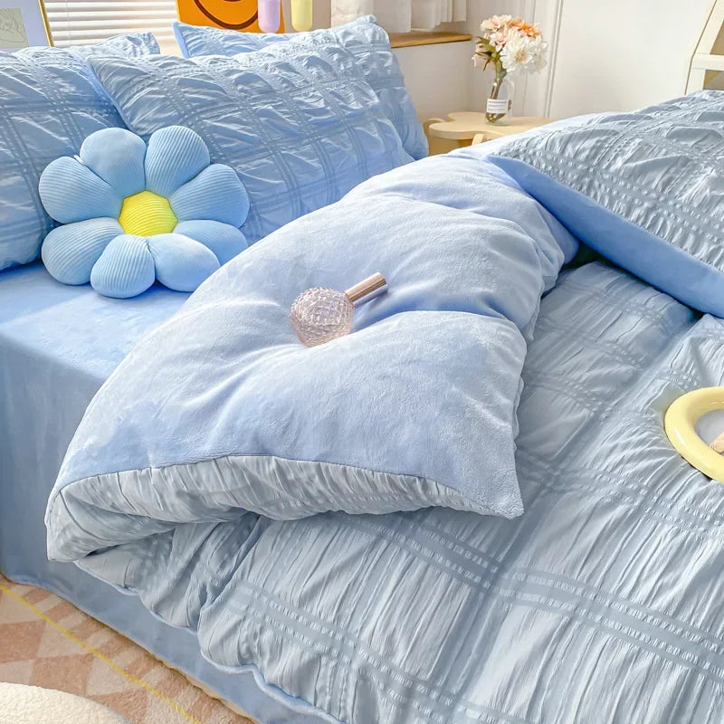 Home Textile Winter Coral Velvet Quilt Cover Four Piece Set Seersucker Duvet Cover Bed Sheet Pillowcase Comforter Bedding Set