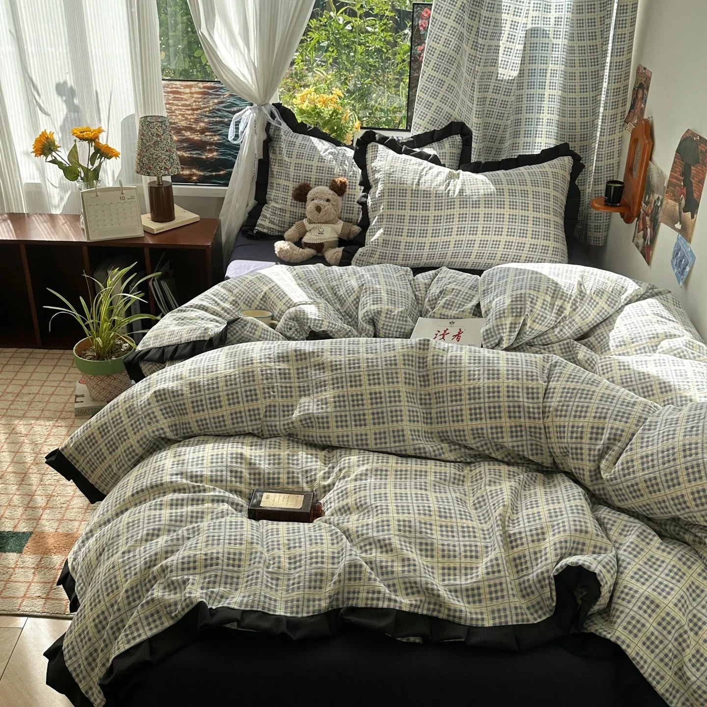 Plaid Bedding Set Double Yarn Classic Vintage Duvet Cover Set Flat Sheets Set 2 Pillowcases Single Twin Full Queen Size