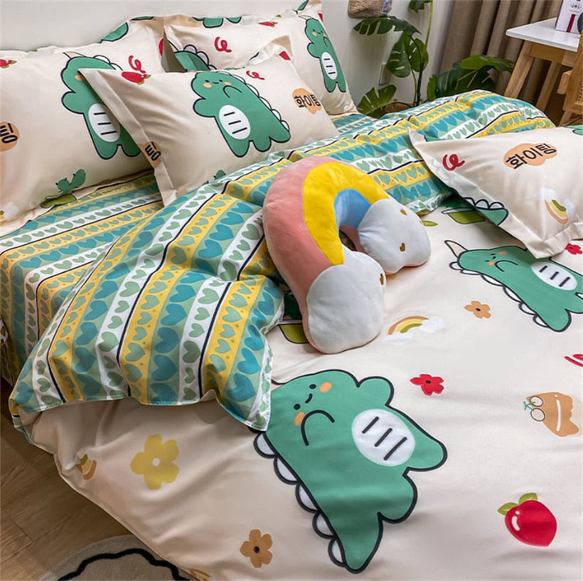 Kids Bedding Set Kawaii Cartoon Printed Duvet Cover Flat Sheet Pillowcase Soft Bed Linens Dormitory Bedroom Home Textile