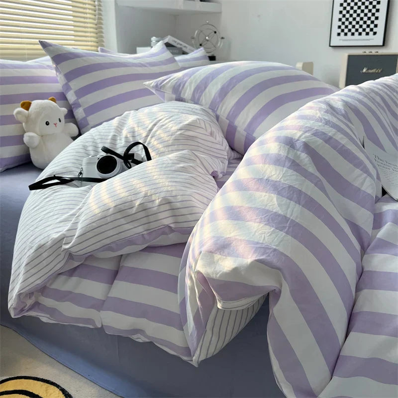 Washed Cotton Double Yarn Crepe Striped Quilt Set 3-4 Pillowcase with Sheet Bedding Cover Supplies 200x230 220x240 Skin Friendly