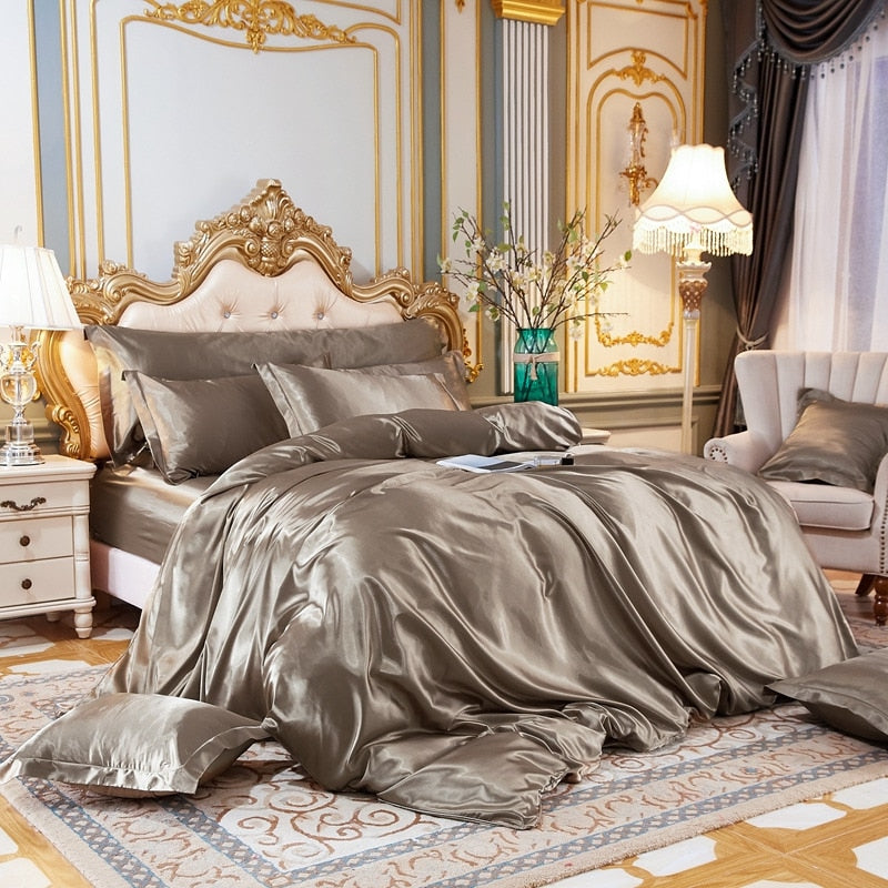 Solid Color Bedding Set with Mulberry Silk Duvet Cover Bed Sheet Pillowcase Luxury Satin Bedsheet King Queen Double Twin Size