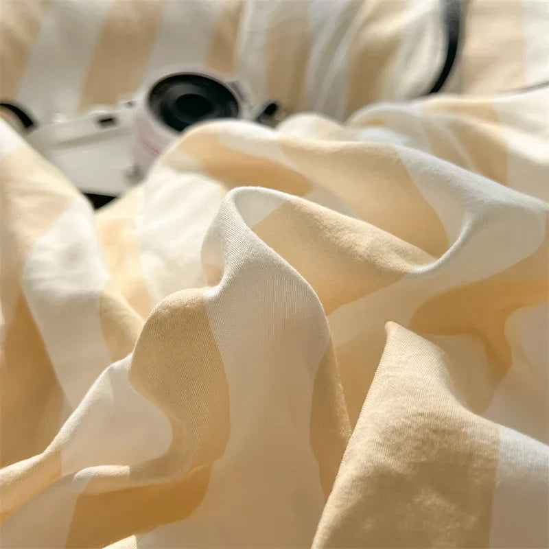 Washed Cotton Double Yarn Crepe Striped Quilt Set 3-4 Pillowcase with Sheet Bedding Cover Supplies 200x230 220x240 Skin Friendly