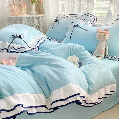 Korean Princess White Bedding Set For Women Double Ruffle Lace Duvet Cover Full Queen Solid Color Comfortable Falt Bed Sheet Set