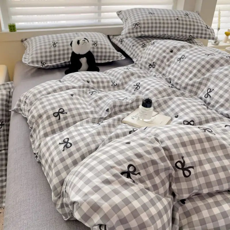 Pink Duvet Cover Set Classic Plaid Twin Queen Size Girls Boys Flat Sheet Pillowcase No Filler Soft Home Decor Bedding Set