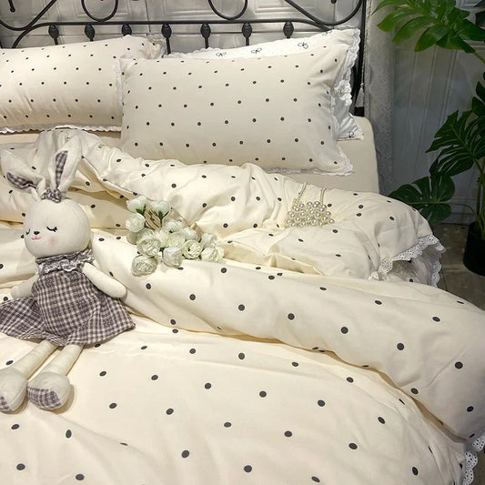Ins Polka Dots Bedding Set Simple Print Duvet Cover Set With Pillowcases Flat Fitted Sheet Washed Cotton Skin Friendly For Adult