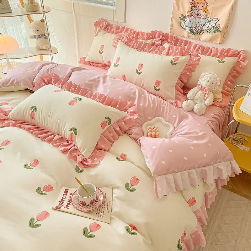 Pink Korean Princess Bedding Set No Filling Cute Strawberry Duvet Cover Checkerboard Single Queen Size Bed Linen Pillowcases
