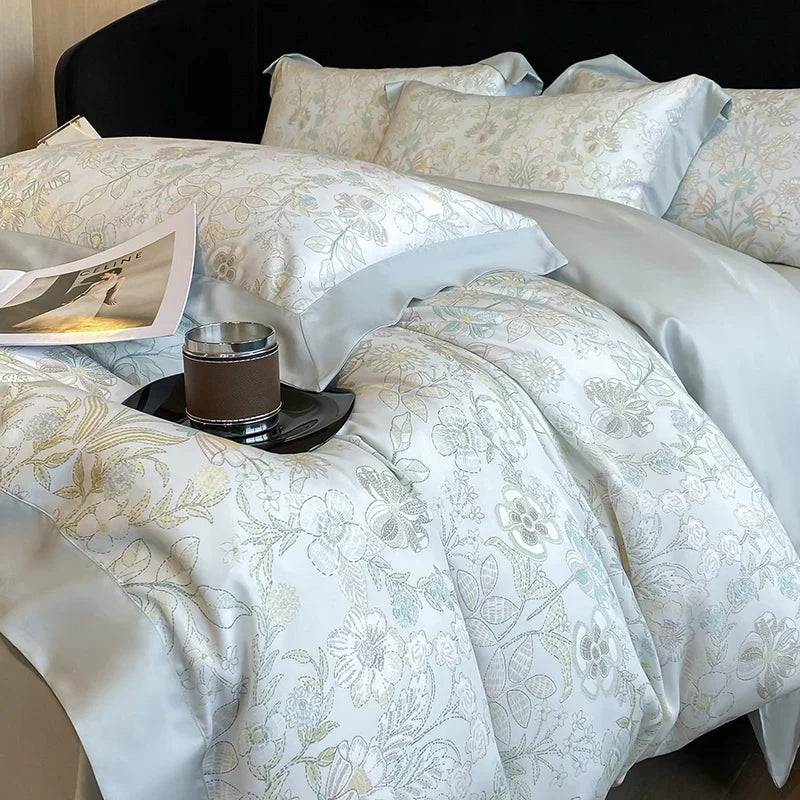 Luxury Digital Printing Flowers and Plants Bedding Set Lyocell Eucalyptus Fiber Soft Silky Duvet Cover Bed Sheet Pillowcase 4Pcs