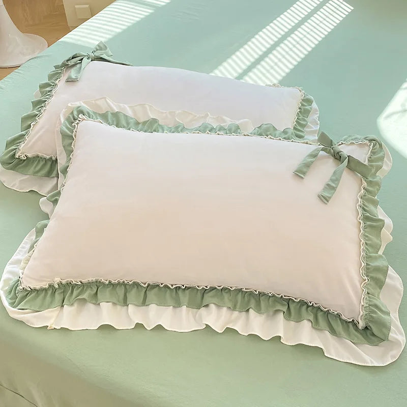 Pink Lace Ruffle Bowknot Duvet Cover Bed Skirt Linens Pillowcases Luxury Bedding Set For Girls Woman Decor Home