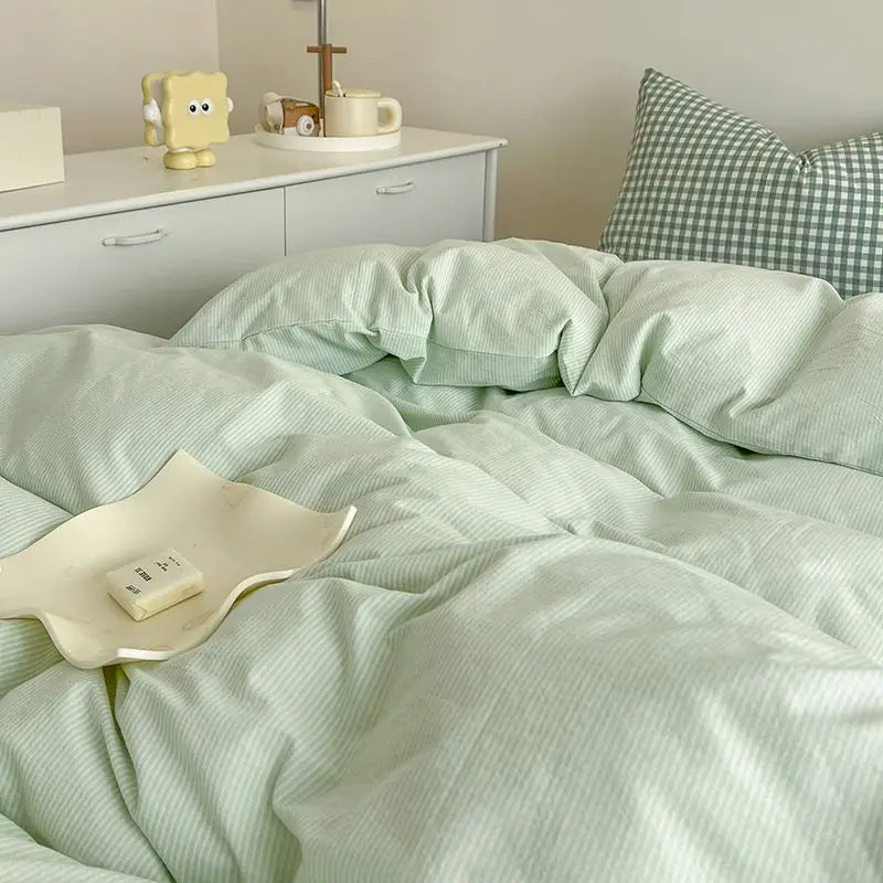 Japanese Style Duvet Cover Set No Filler Blue Plaid Pillowcase Flat Sheet Nordic Single Queen Size Bedding Set