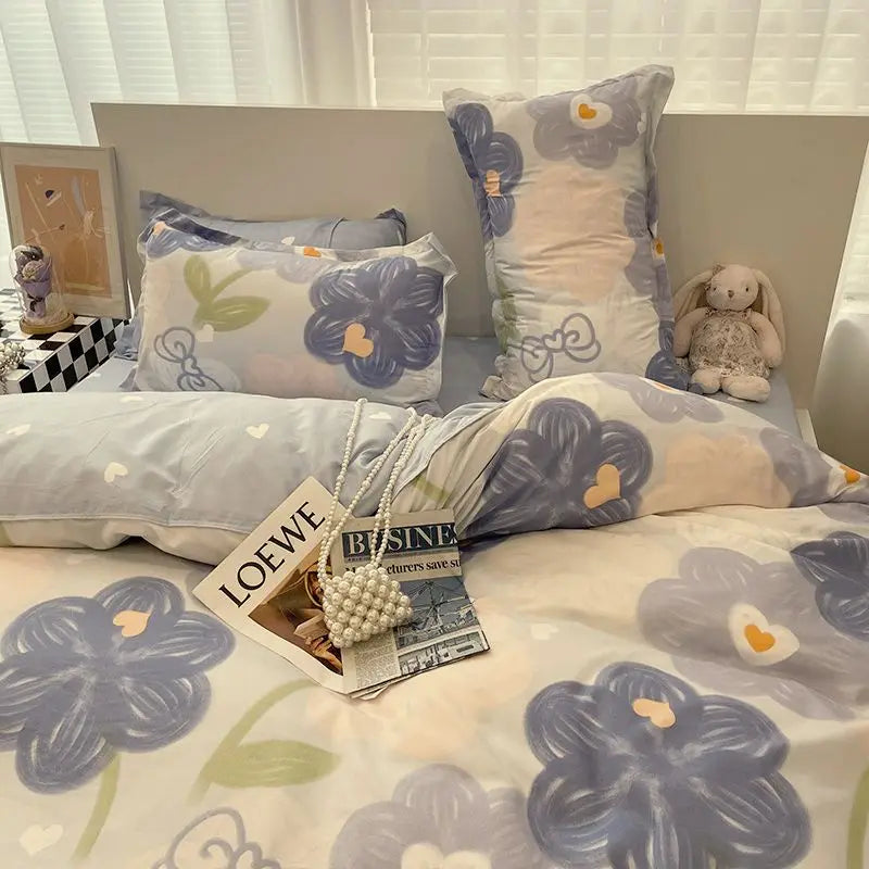 Ins Retro Flower Bedding Set Flat Bed Sheet Pillowcase Twin Full Queen Size Bed Linen Women Girls Caramel Floral Duvet Cover Set