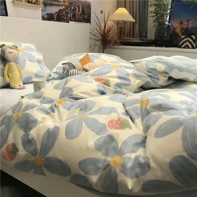 Ins Retro Flower Bedding Set Flat Bed Sheet Pillowcase Twin Full Queen Size Bed Linen Women Girls Caramel Floral Duvet Cover Set
