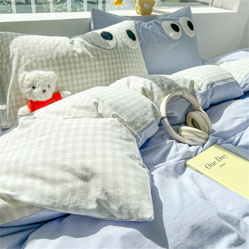 Cute Big Eyed Four Piece Set Plaid Duvet Cover Set With Sheet Bedroom Decor Skin Friendly Single Double Bedding Set Home Textile