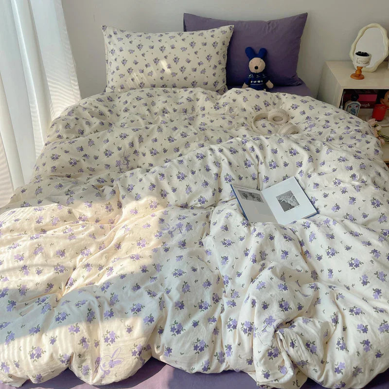 Korean Style Cute Bedding Set For Girls Bed Linen New Skin Friendly Fresh Flora Printed Washed Cotton Duvet Cover Set