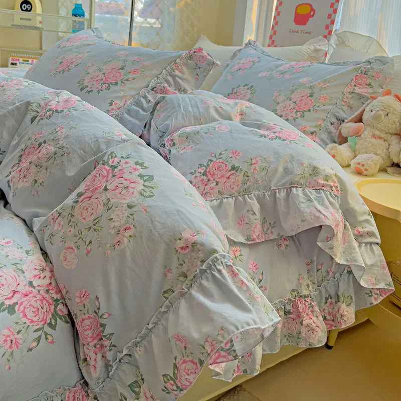 Korean Princess Style Floral Ruffles Bedding Set Washed Cotton Skin-friendly Soft Duvet Covers Set Bed Sheet Pillowcases 3/4Pcs