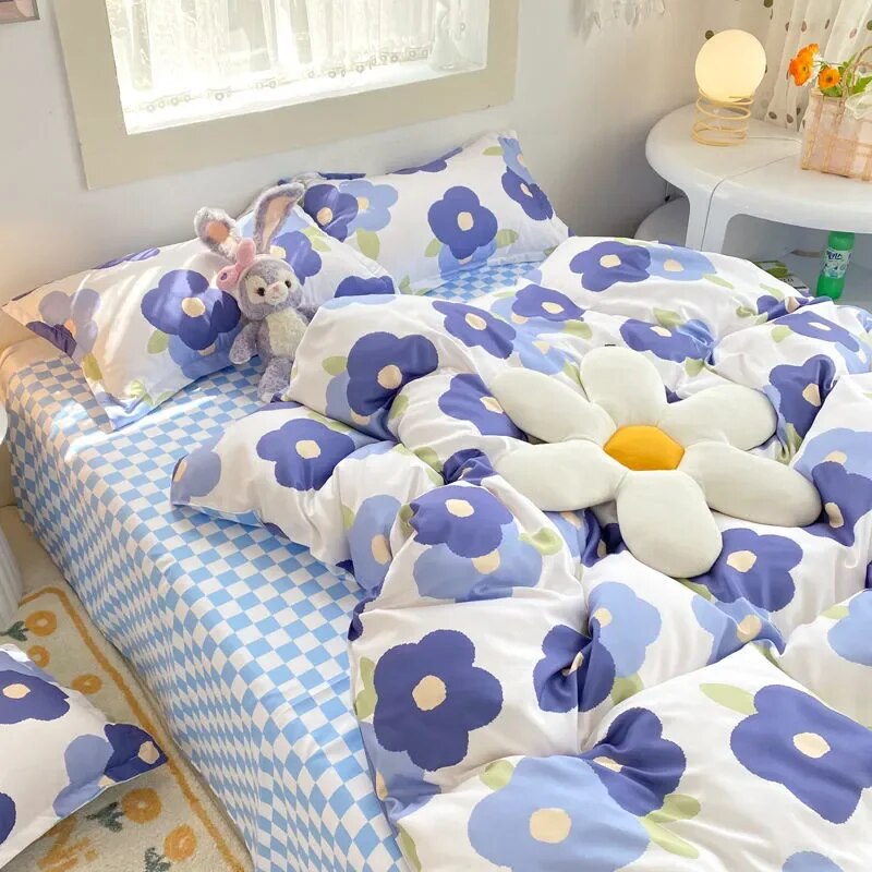 Kawaii Cherry Duvet Cover Set Pillowcase Flat Sheet Floral Boys Girls Twin Full Size Soft Bedding Kit Korean Ins Style Home Use