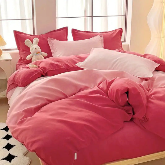 INS Gradient Color Bedding Set Adult Girl Fashion Duvet Cover Soft Washed Cotton Quilt Cover Flat Bed Sheet Pillowcase