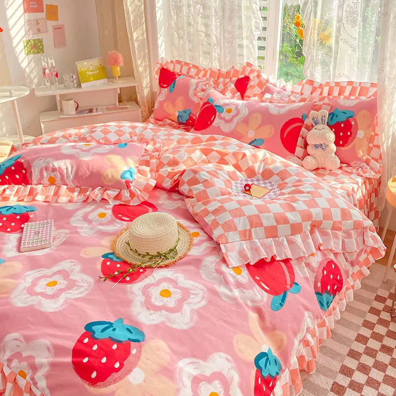 Pink Korean Princess Bedding Set No Filling Cute Strawberry Duvet Cover Checkerboard Single Queen Size Bed Linen Pillowcases
