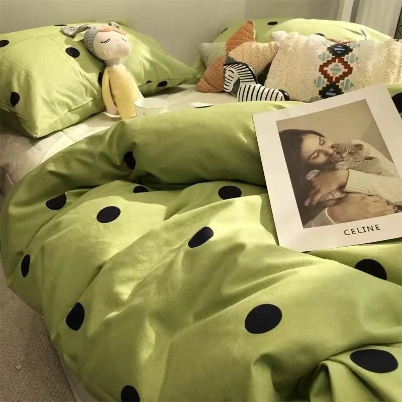Nordic Simple Small Check Dark Green Bedding Set Soft High Quality Quilt Cover Polyester Aesthetic Bed Sheet With Pillowcases