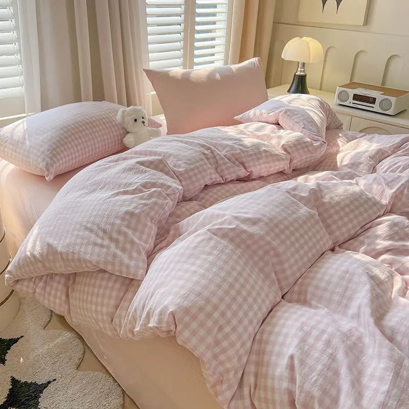 Japanese Style Duvet Cover Set No Filler Blue Plaid Pillowcase Flat Sheet Nordic Single Queen Size Bedding Set