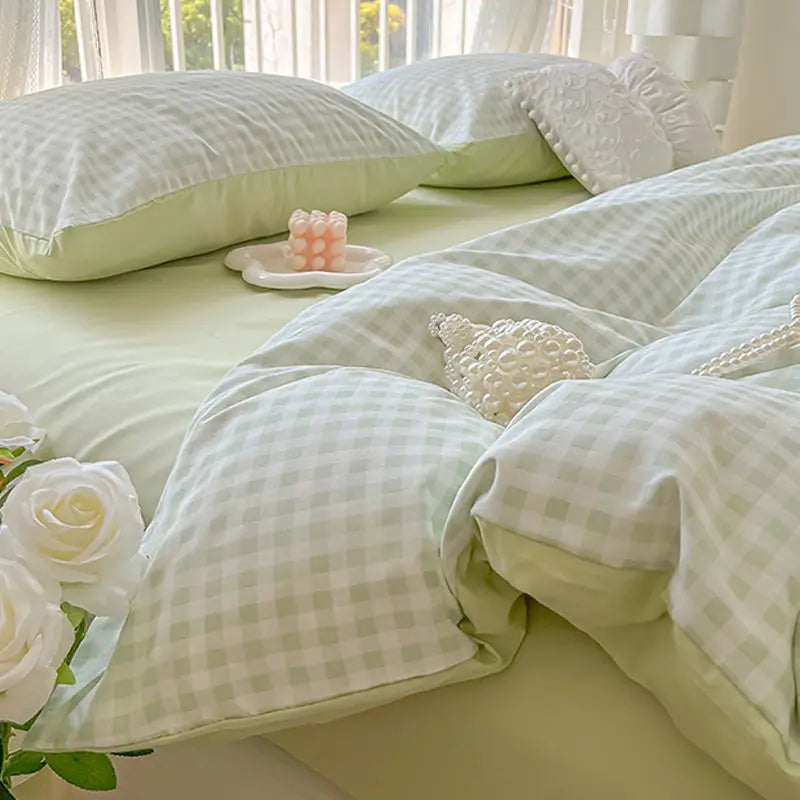 Japanese Style Duvet Cover Set No Filler Blue Plaid Pillowcase Flat Sheet Nordic Single Queen Size Bedding Set