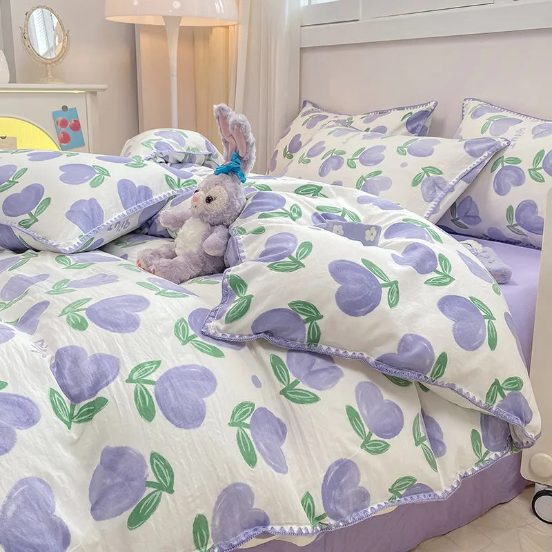 INS Girls Cherry Bedding Set Soft Washed Cotton Bed Sheet Queen King Size Simple Quilt Cover Pillowcase Bed Linens
