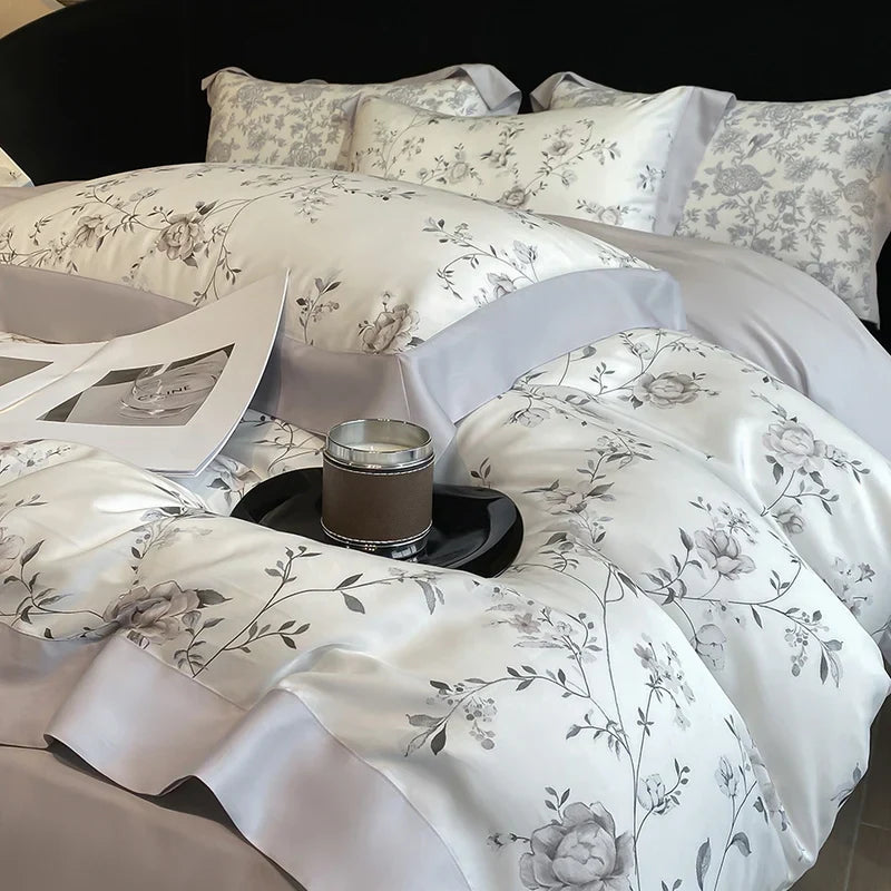 Luxury Digital Printing Flowers and Plants Bedding Set Lyocell Eucalyptus Fiber Soft Silky Duvet Cover Bed Sheet Pillowcase 4Pcs