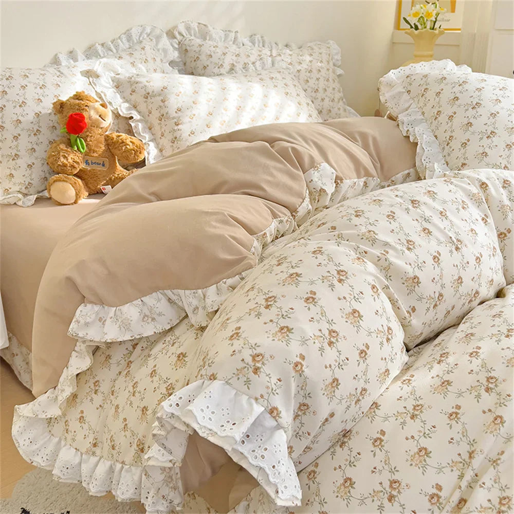 Princess Style Lace Ruffles Bedding Set Purple Tulips Duvet Cover and Flat Sheet Pillowcases Girls Romantic Floral Home Textiles