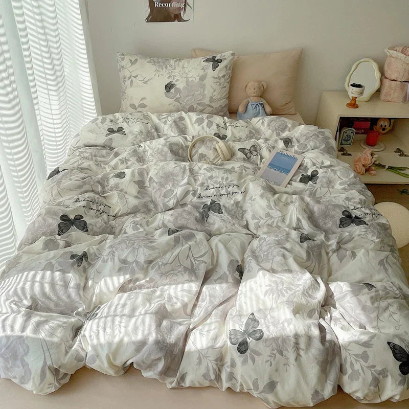 Korean Style Cute Bedding Set For Girls Bed Linen New Skin Friendly Fresh Flora Printed Washed Cotton Duvet Cover Set