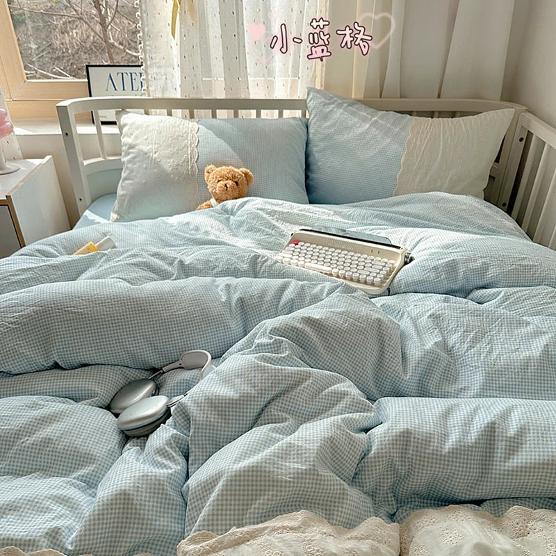 Plaid Pattern Bedding Set INS Princess Soft Washed Cotton Bed Flat Sheet Twin Queen Double Size Duvet Set Pillowcase Bed Linens