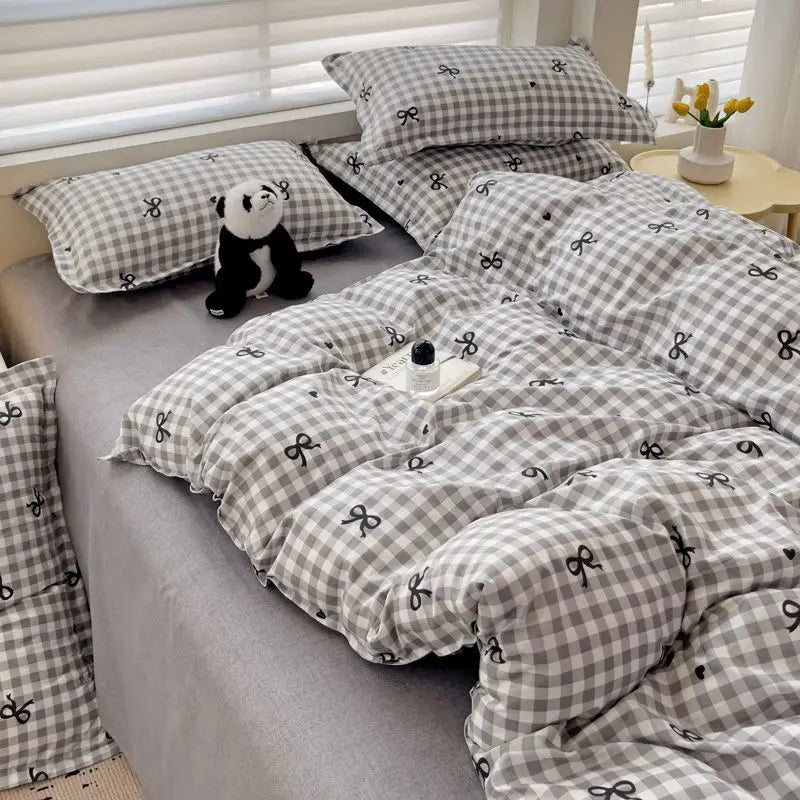 Japanese Style Duvet Cover Set No Filler Blue Plaid Pillowcase Flat Sheet Nordic Single Queen Size Bedding Set