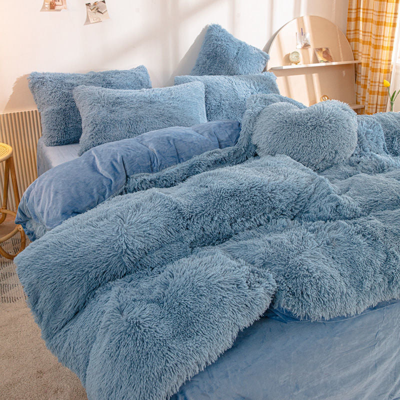 Winter Warm Blue Bedding Set Soft Plush Kawaii Mink Velvet Queen Duvet Cover Set Sheets Pillowcase Single Double Bedding Sets