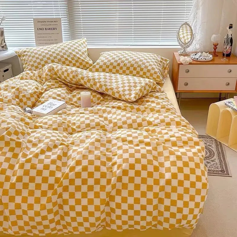 Korean Style Fashion Bedding Set Kids Adults Twin Full Queen Size Blue Bed Flat Sheet Duvet Cover Pillowcases Floral Bed Linen