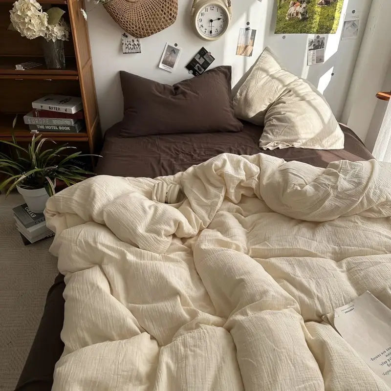 Bedding Set Ins Ambiance Blue Coffee Grid Mixed With Washed Cotton Minimalist Four Piece Set Fitted Sheets Duvet Cover