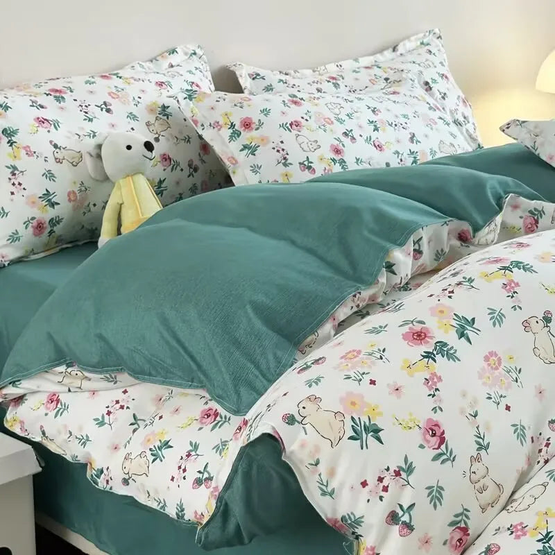 Korean Style Fashion Bedding Set Kids Adults Twin Full Queen Size Blue Bed Flat Sheet Duvet Cover Pillowcases Floral Bed Linen