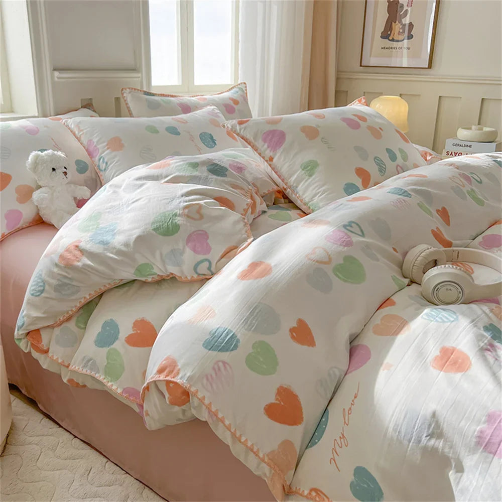 Washed Cotton Duvet Cover Purple Cherry Bed Sheet Pillowcase for Adults and Kids Home Textiles Four-piece Bedding Set
