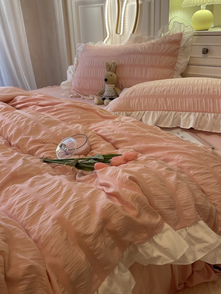 Ruffled Seersucker Duvet Cover Set 3/4pcs Soft Lightweight Down Alternative Grey Bedding Set with Bed Skirt and Pillowcases