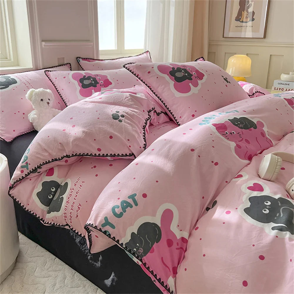 Washed Cotton Duvet Cover Purple Cherry Bed Sheet Pillowcase for Adults and Kids Home Textiles Four-piece Bedding Set