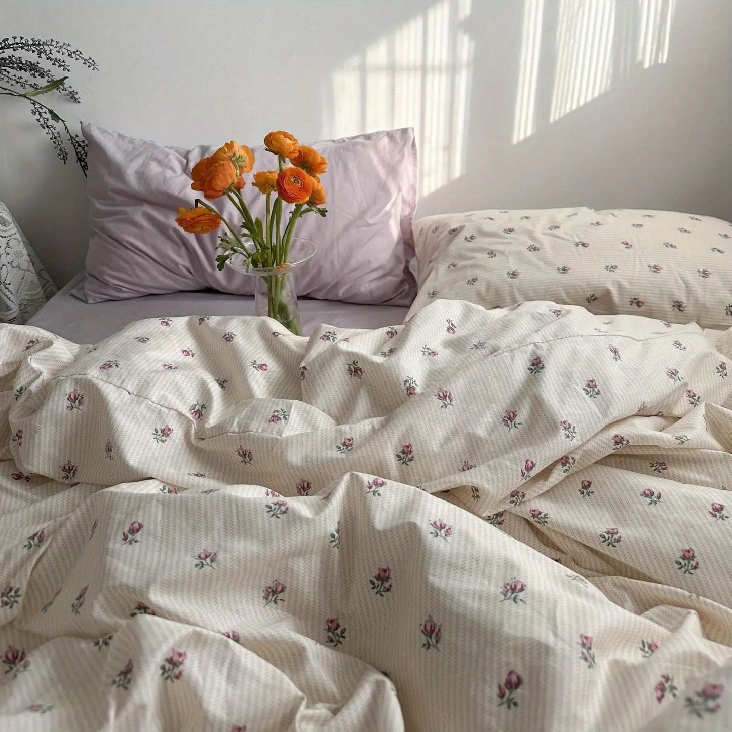 Ins Retro Flower Bedding Set Flat Bed Sheet Pillowcase Twin Full Queen Size Bed Linen Women Girls Caramel Floral Duvet Cover Set