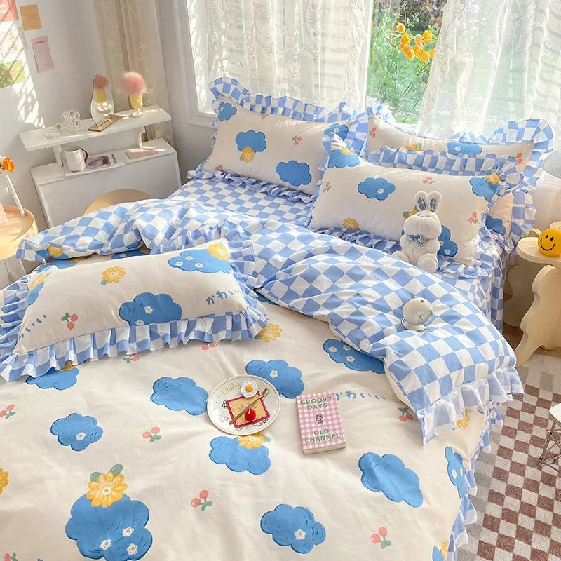 Pink Korean Princess Bedding Set No Filling Cute Strawberry Duvet Cover Checkerboard Single Queen Size Bed Linen Pillowcases