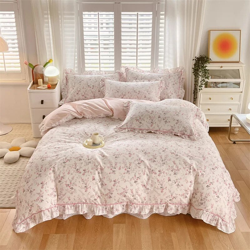 Ruffle Bedding Set 100% Cotton 1 Duvet Cover 2 Pillowcases No Sheet  Ultra Soft Touch Floral Style 200x230 220x240