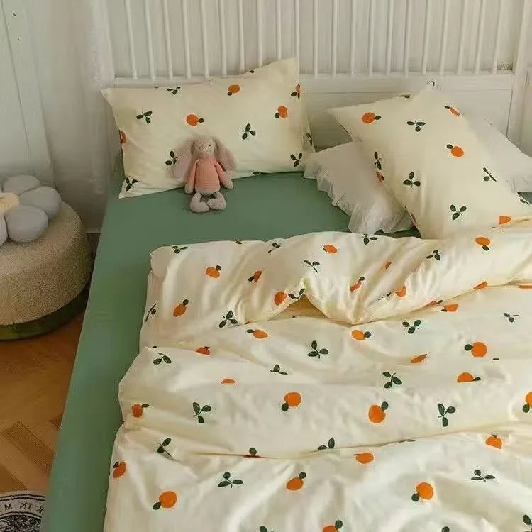 Kawaii Bedding Set Kids Adult Flat Sheet Duvet Cover Pillowcase Single Double Full Size Bed Linen Floral Cherry Home Textile