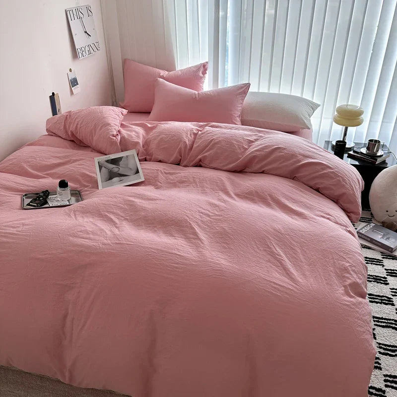 Solid Bed Linen Cotton Bedding Set with Sheet Duvet Cover Pillowcase Single Couple Bedsheet King Queen Double Twin Size