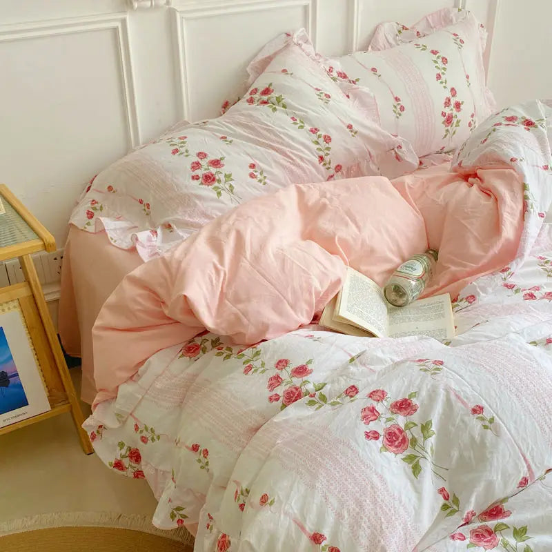 French Ins Bedding Set No Filler Korean Floral Ruffles Single Double Queen Size Duvet Cover Sheet Pillowcase Home Textile