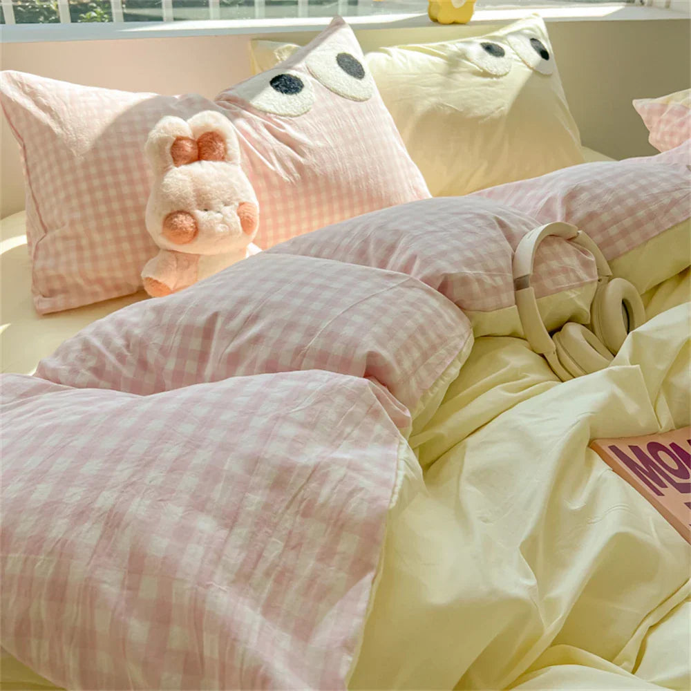 Cute Big Eyed Four Piece Set Plaid Duvet Cover Set With Sheet Bedroom Decor Skin Friendly Single Double Bedding Set Home Textile