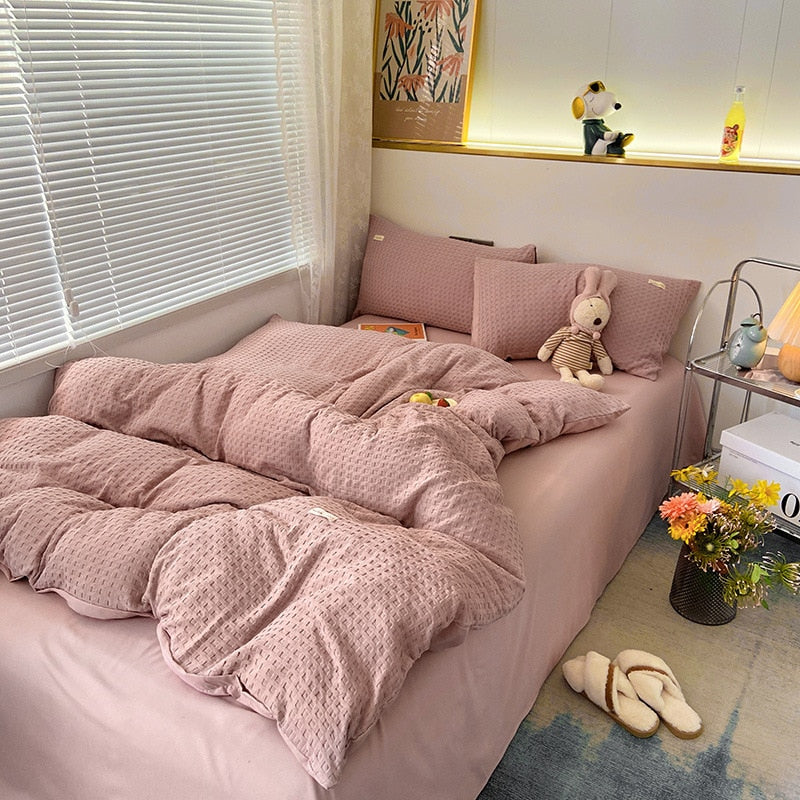 Korean Fashion Checker Four Piece Set Queen Bedding Set, Microfiber Quilt Cover Bed Sheet Set - No Comforter